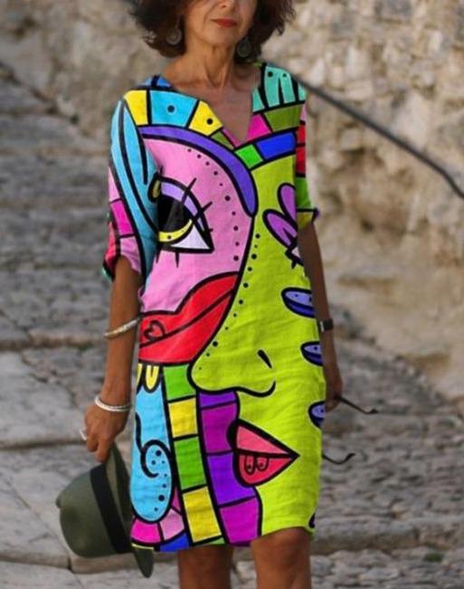 Abstract Art Print V-Neck Midi Dress