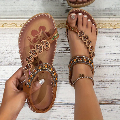 Women’s Bohemian Beaded Flat Sandals with Ankle Strap