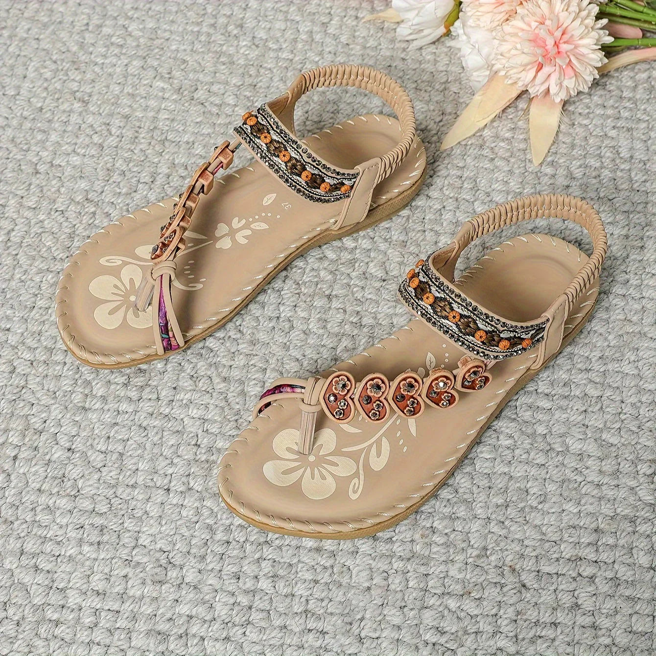 Women’s Bohemian Beaded Flat Sandals with Ankle Strap