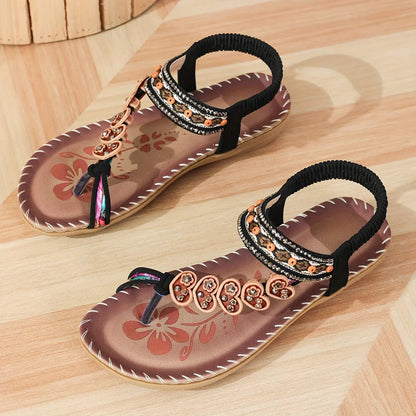 Women’s Bohemian Beaded Flat Sandals with Ankle Strap