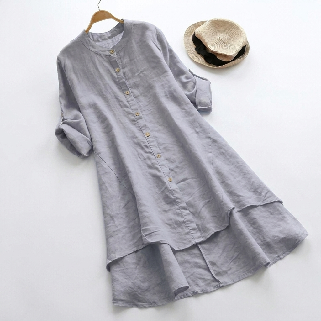 Women's Casual Button-Down Layered Hem Shirt Dress