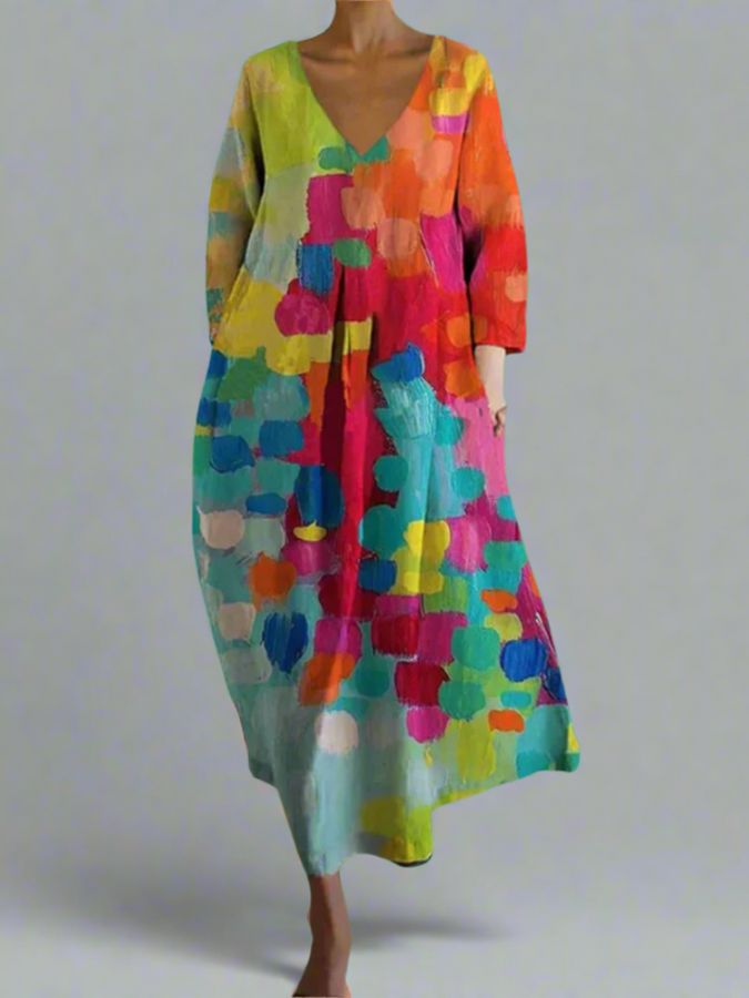 Colorful V-Neck Flowy Summer Dress for Women