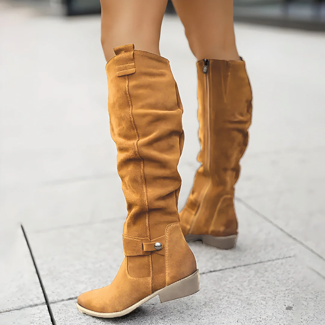 Women’s Knee High Boots with Low Block Heel and Relaxed Fit