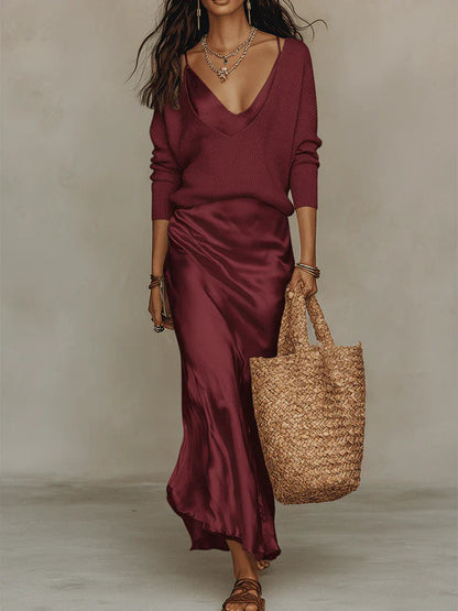 Women's Elegant Satin Midi Dress with Matching Coordinated Sweater