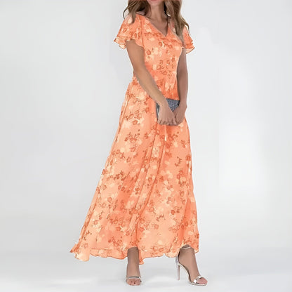 Women's Elegant Watercolor Floral Print Maxi Dress with Fluid Fabric