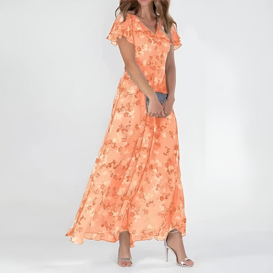 Women's Elegant Watercolor Floral Print Maxi Dress with Fluid Fabric