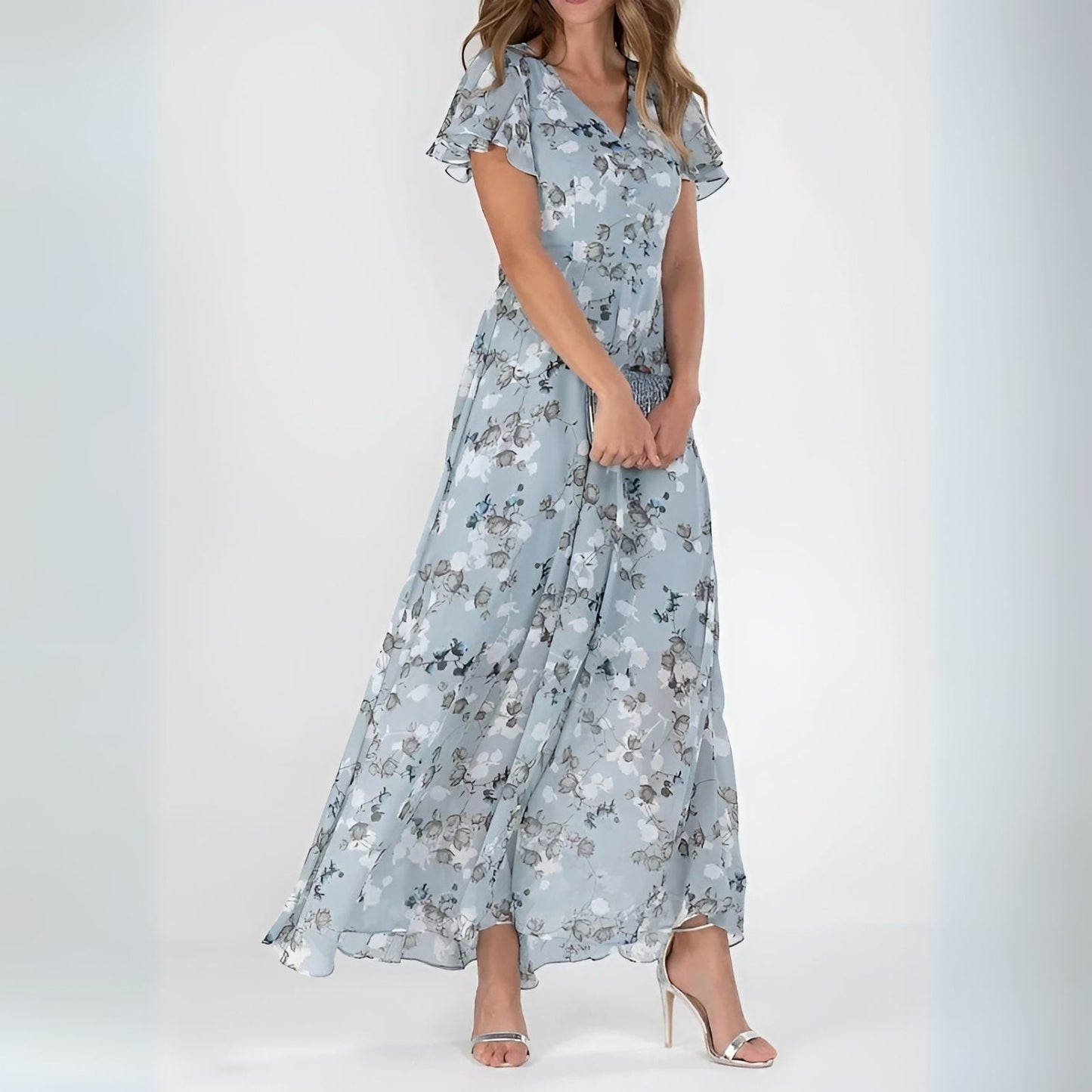 Women's Elegant Watercolor Floral Print Maxi Dress with Fluid Fabric