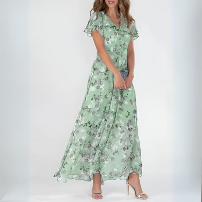 Women's Elegant Watercolor Floral Print Maxi Dress with Fluid Fabric