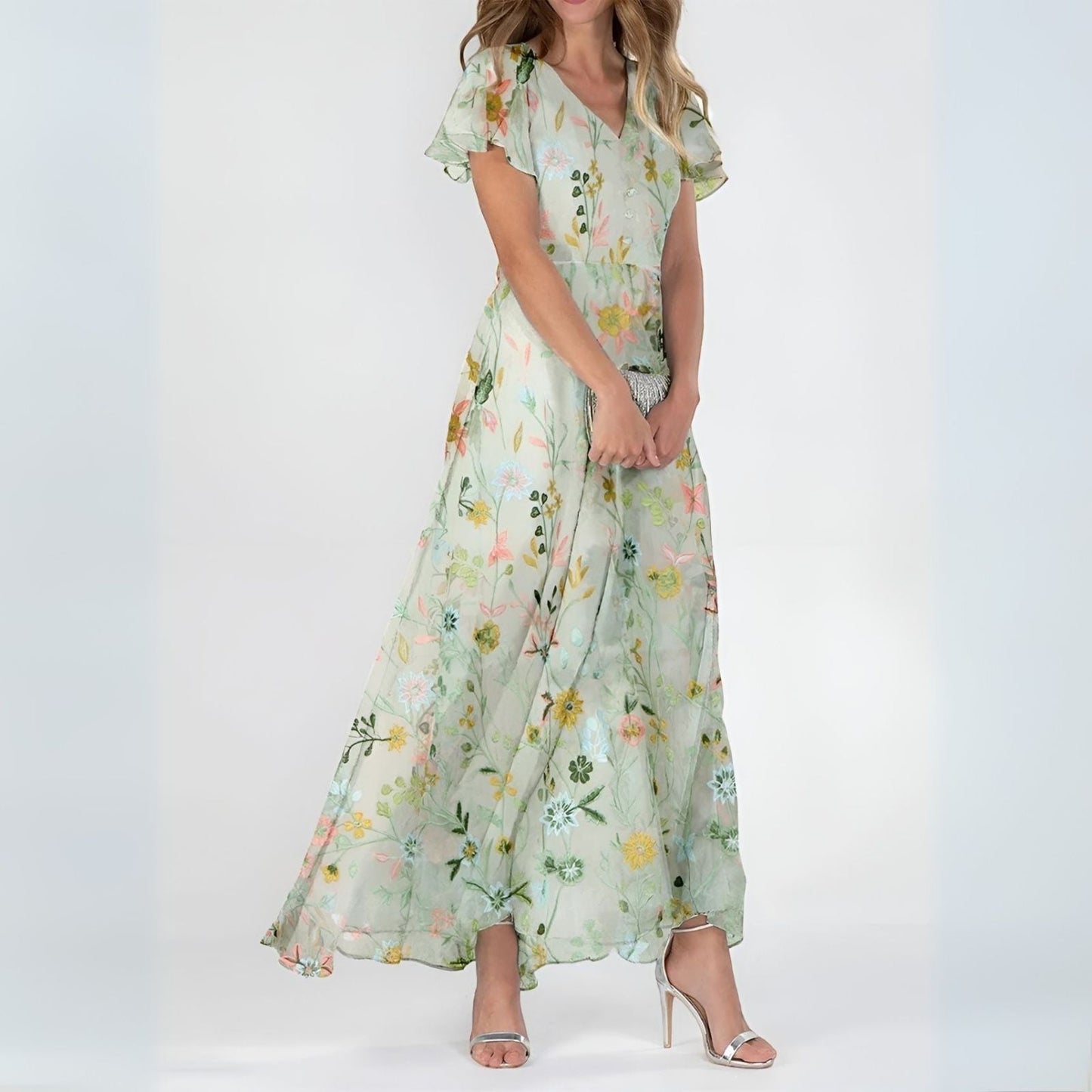 Women's Elegant Watercolor Floral Print Maxi Dress with Fluid Fabric