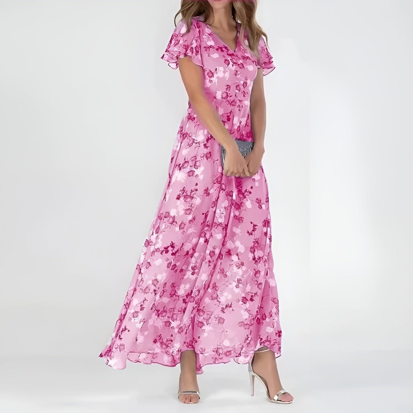 Women's Elegant Watercolor Floral Print Maxi Dress with Fluid Fabric