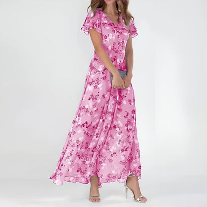 Women's Elegant Watercolor Floral Print Maxi Dress with Fluid Fabric