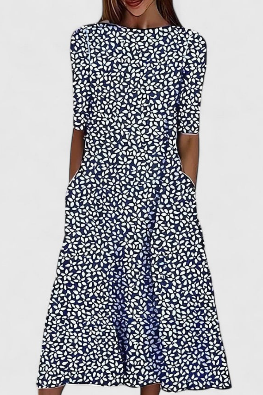 Women's Floral Print Midi Dress with Pockets and Relaxed A-Line Fit