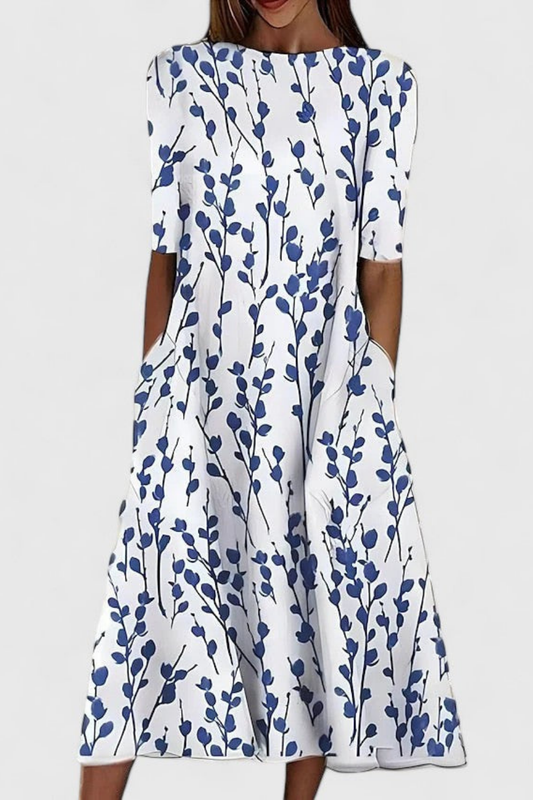 Women's Floral Print Midi Dress with Pockets and Relaxed A-Line Fit
