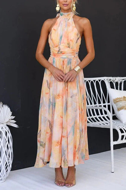 Elegant Halter Pleated Midi Dress