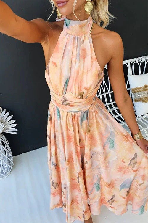 Elegant Halter Pleated Midi Dress