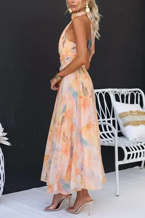 Elegant Halter Pleated Midi Dress