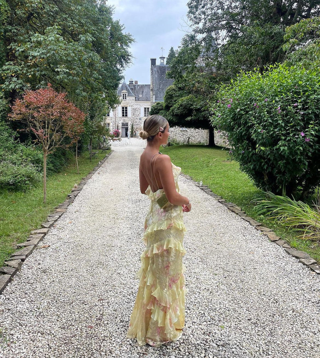 Women’s Floral Ruffle Maxi Dress with Open Back Design