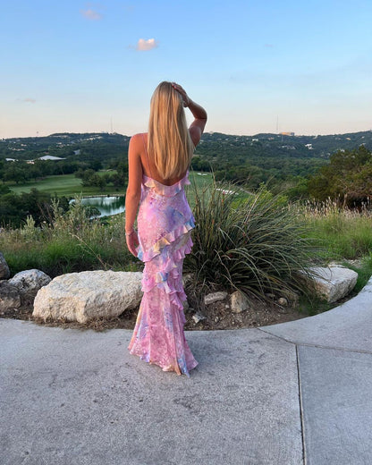 Women’s Floral Ruffle Maxi Dress with Open Back Design