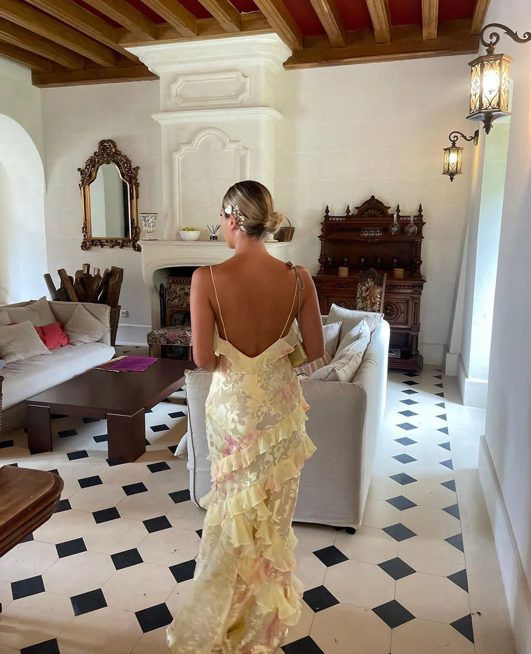 Women’s Floral Ruffle Maxi Dress with Open Back Design