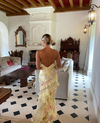 Women’s Floral Ruffle Maxi Dress with Open Back Design