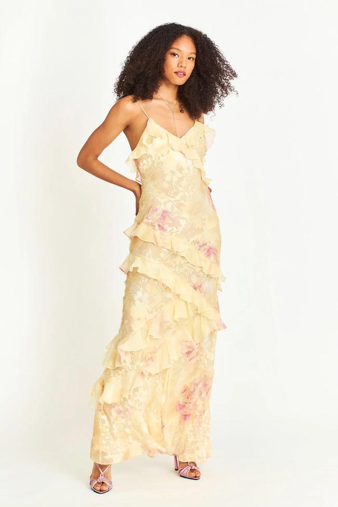Women’s Floral Ruffle Maxi Dress with Open Back Design