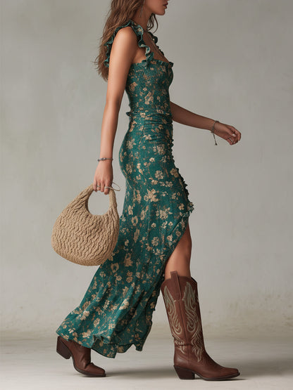 Women's Bohemian Floral Maxi Dress with Ruffled Sleeves and High Side Slit