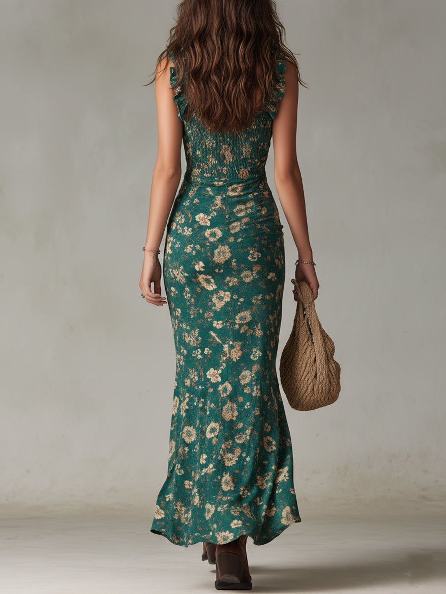 Women's Bohemian Floral Maxi Dress with Ruffled Sleeves and High Side Slit