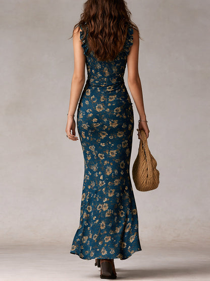 Women's Bohemian Floral Maxi Dress with Ruffled Sleeves and High Side Slit