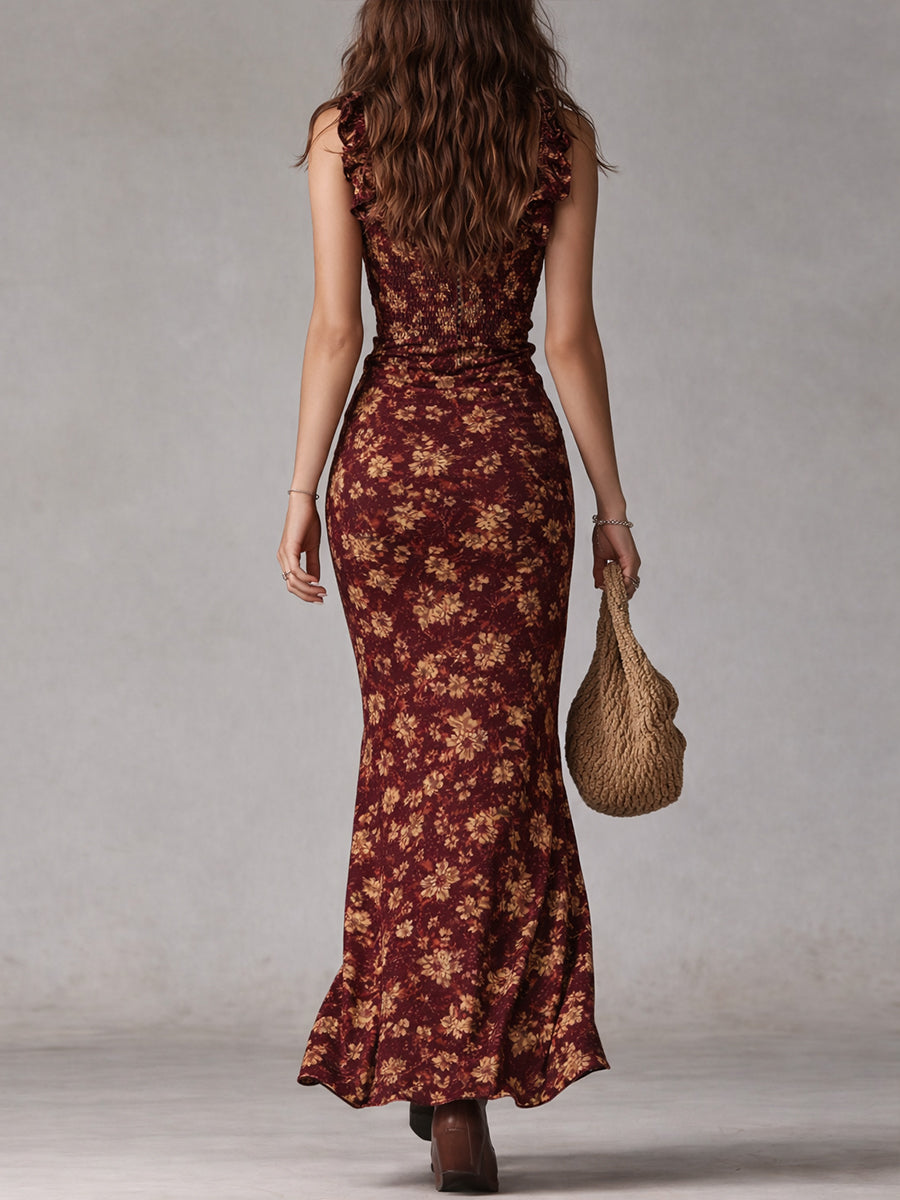 Women's Bohemian Floral Maxi Dress with Ruffled Sleeves and High Side Slit