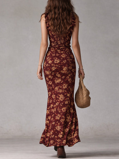 Women's Bohemian Floral Maxi Dress with Ruffled Sleeves and High Side Slit