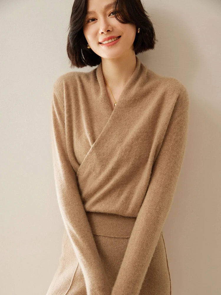 Luxe Cashmere Sweater Women Crossover Collar Sophisticated