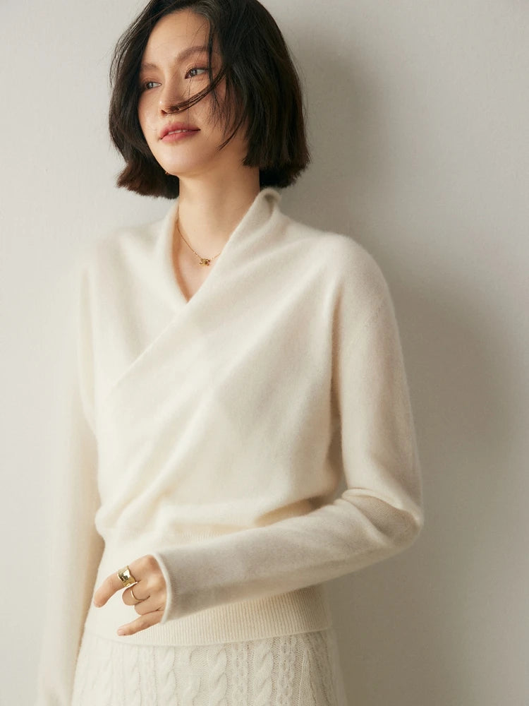 Luxe Cashmere Sweater Women Crossover Collar Sophisticated