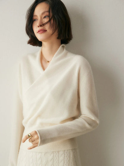 Luxe Cashmere Sweater Women Crossover Collar Sophisticated