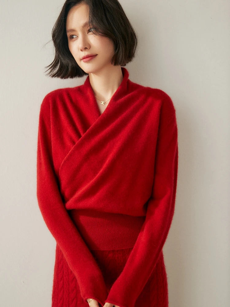 Luxe Cashmere Sweater Women Crossover Collar Sophisticated