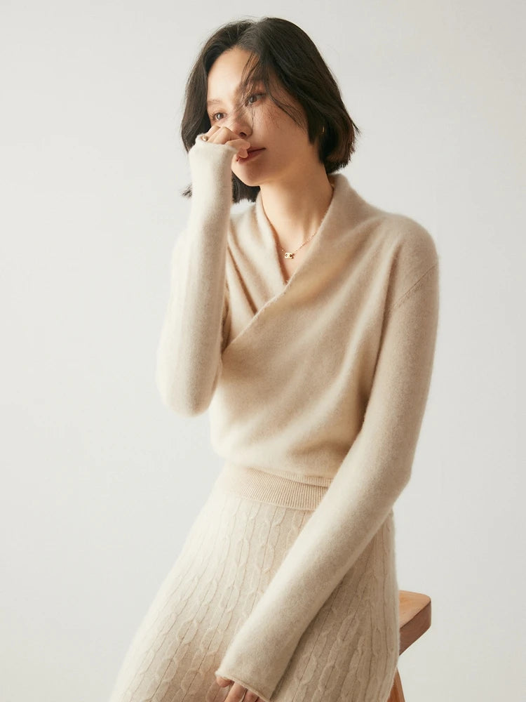 Luxe Cashmere Sweater Women Crossover Collar Sophisticated