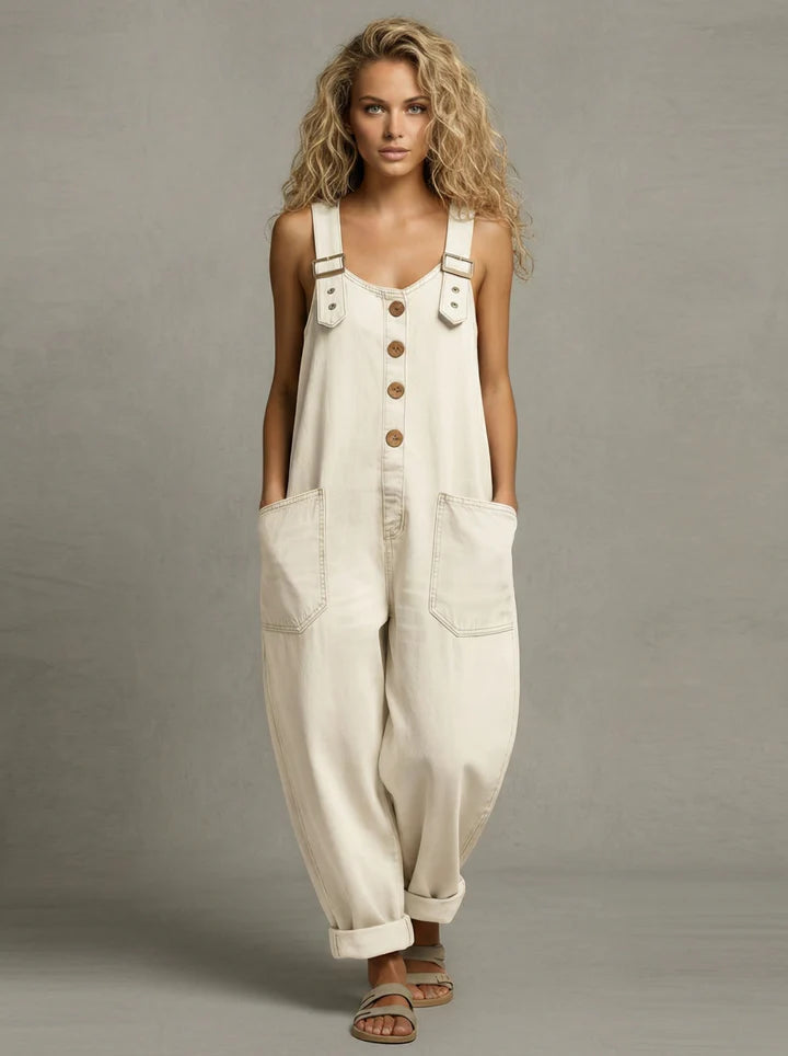 Women’s Relaxed Denim Overalls with Button Front and Patch Pockets