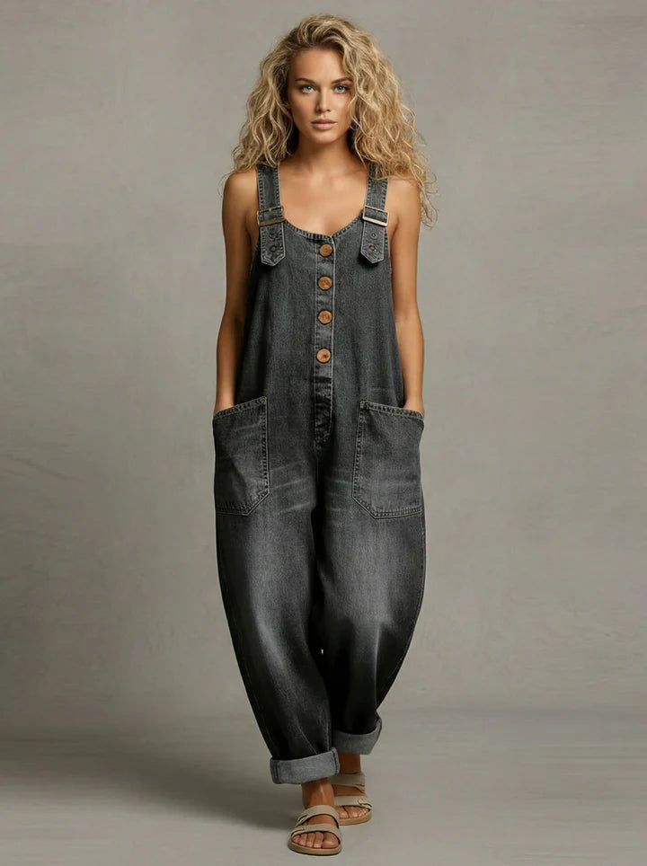Women’s Relaxed Denim Overalls with Button Front and Patch Pockets