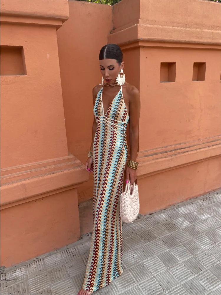 Women’s Bohemian Halter Neck Backless Summer Maxi Dress