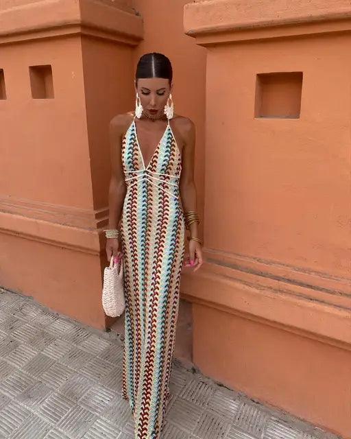 Women’s Bohemian Halter Neck Backless Summer Maxi Dress