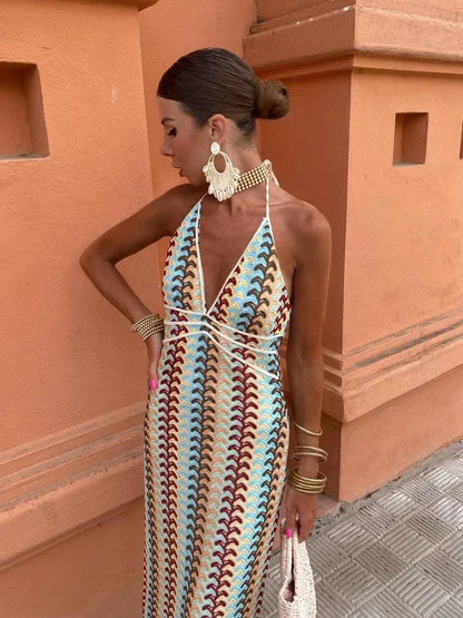 Women’s Bohemian Halter Neck Backless Summer Maxi Dress