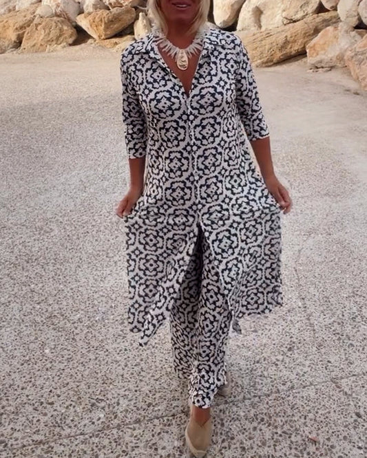 Women’s Printed Two-Piece Jumpsuit with Draped Overlay Design