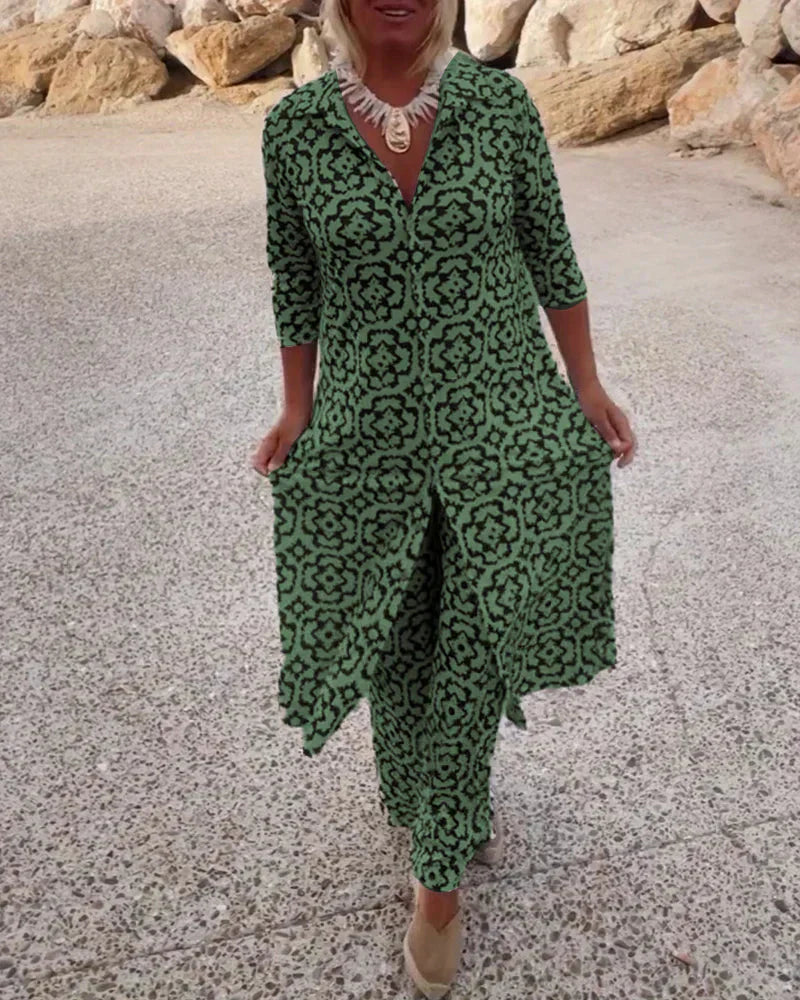 Women’s Printed Two-Piece Jumpsuit with Draped Overlay Design