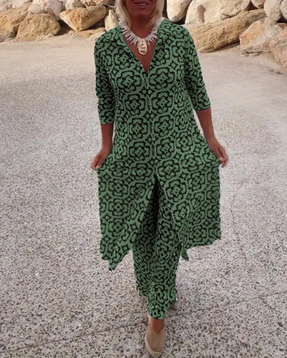 Women’s Printed Two-Piece Jumpsuit with Draped Overlay Design
