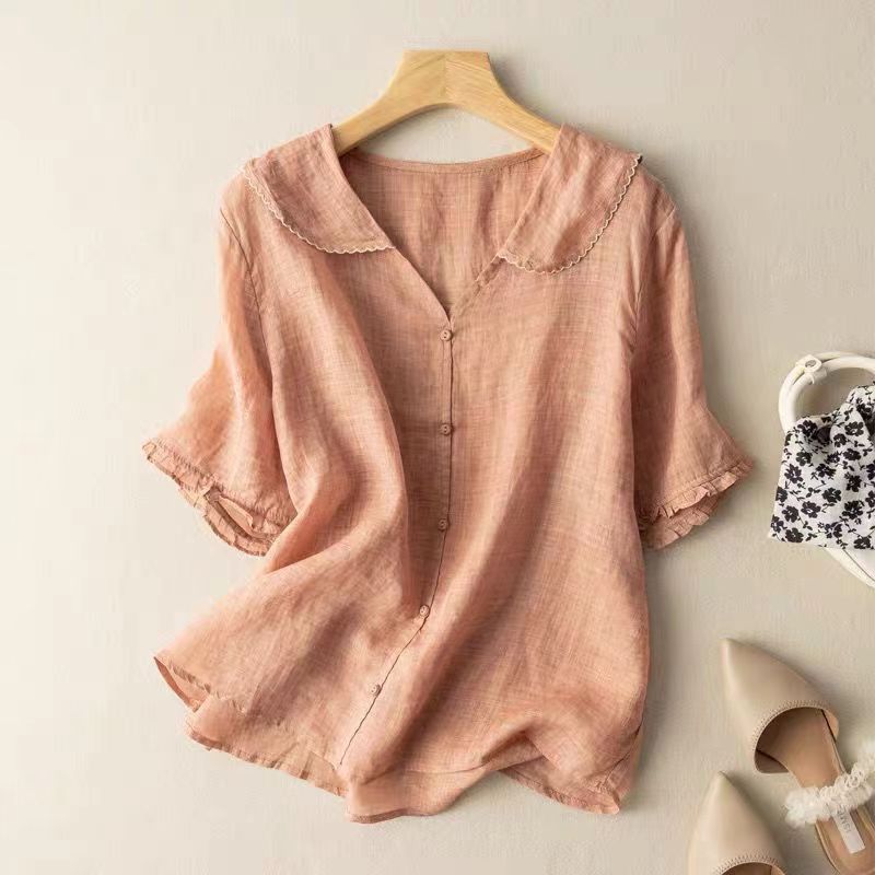 Vintage Button Blouse with Scalloped Collar for Women