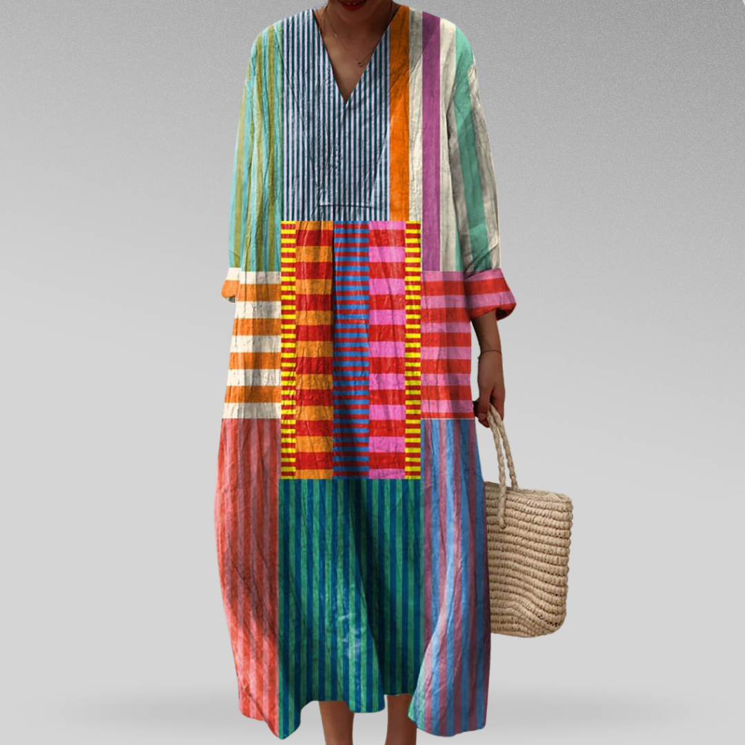 Women's Colorful Patchwork Midi Dress with V-Neck and Relaxed Fit
