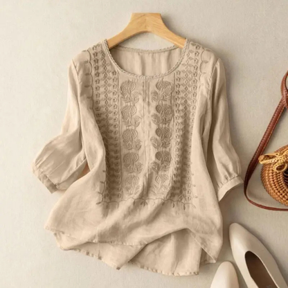 Women's Embroidered Casual Blouse with Round Neck