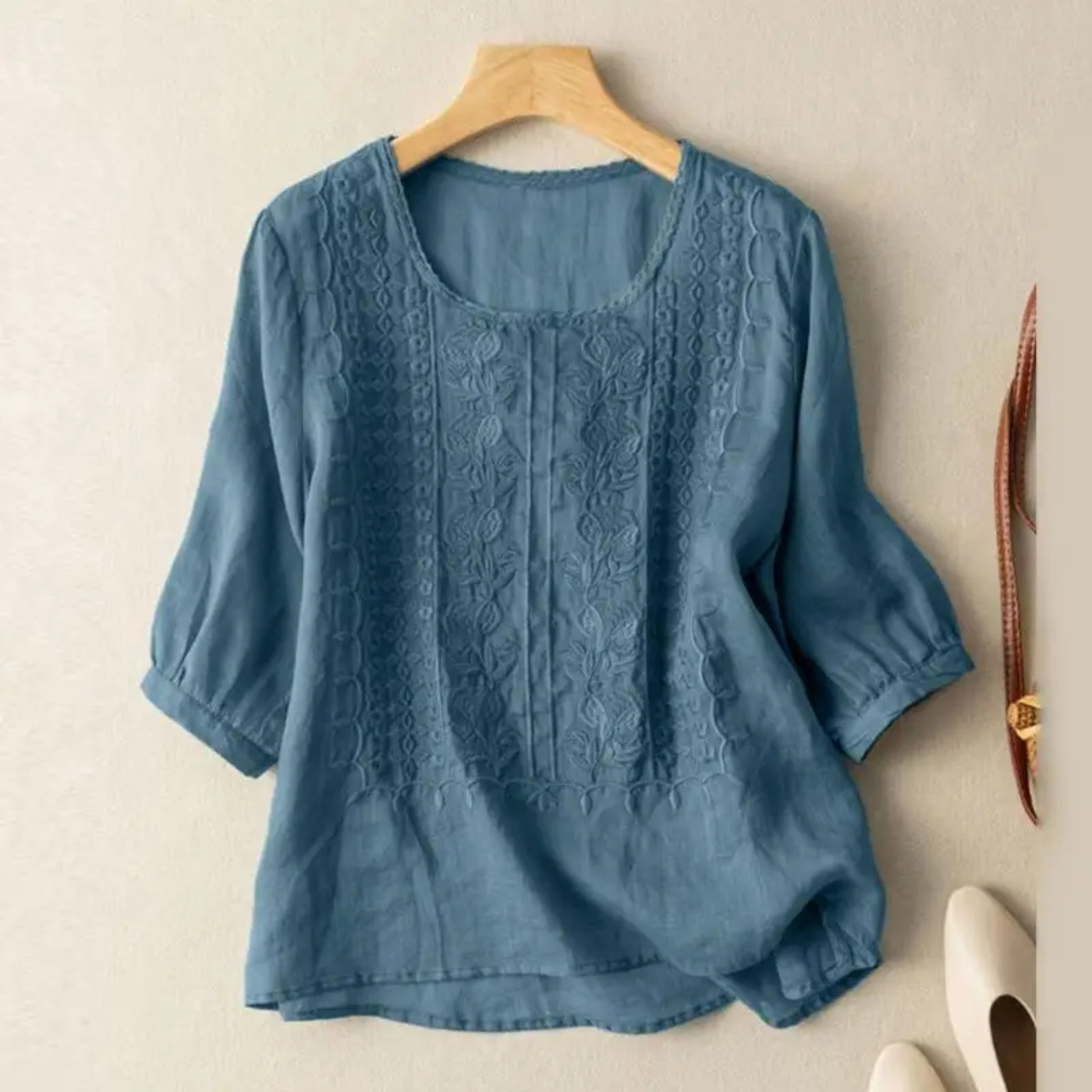 Women's Embroidered Casual Blouse with Round Neck