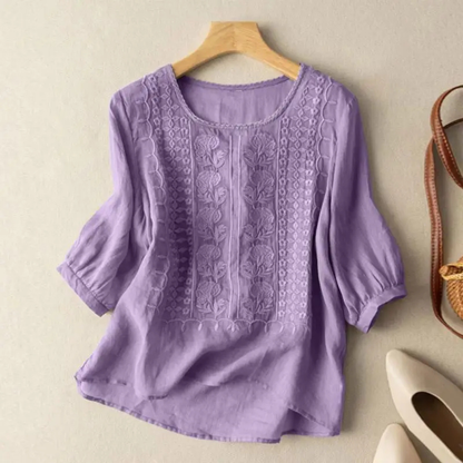 Women's Embroidered Casual Blouse with Round Neck
