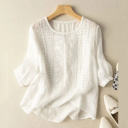 Women's Embroidered Casual Blouse with Round Neck