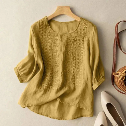 Women's Embroidered Casual Blouse with Round Neck